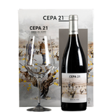 Bottle of Cepa 21 in case with glass