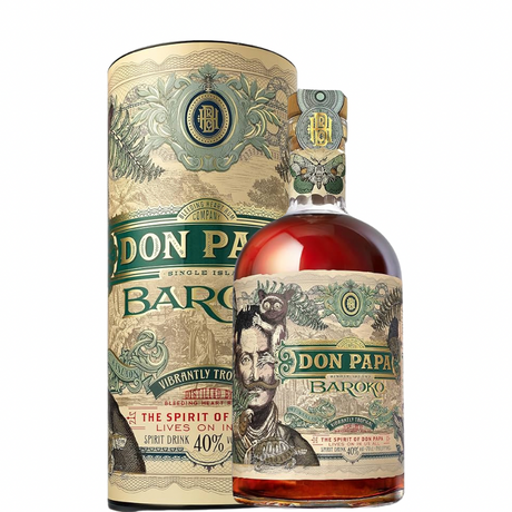 Don Papa Baroko rum bottle with case