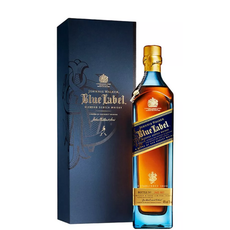 Johnnie Walker Blue Label whiskey bottle with case